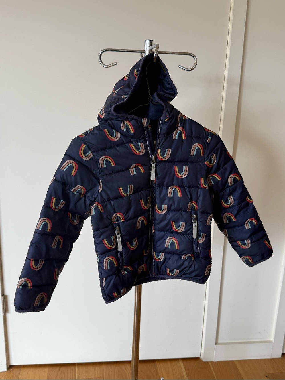 Hanna Andersson Lightweight Navy Puffer Jacket with Rainbow Print